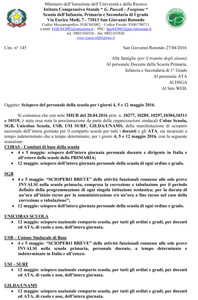 Microsoft Word - Circolare n° 145 _Sciopero del personale della