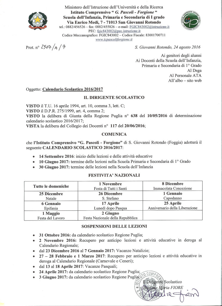 Calendario anno scolastico 2016.2017