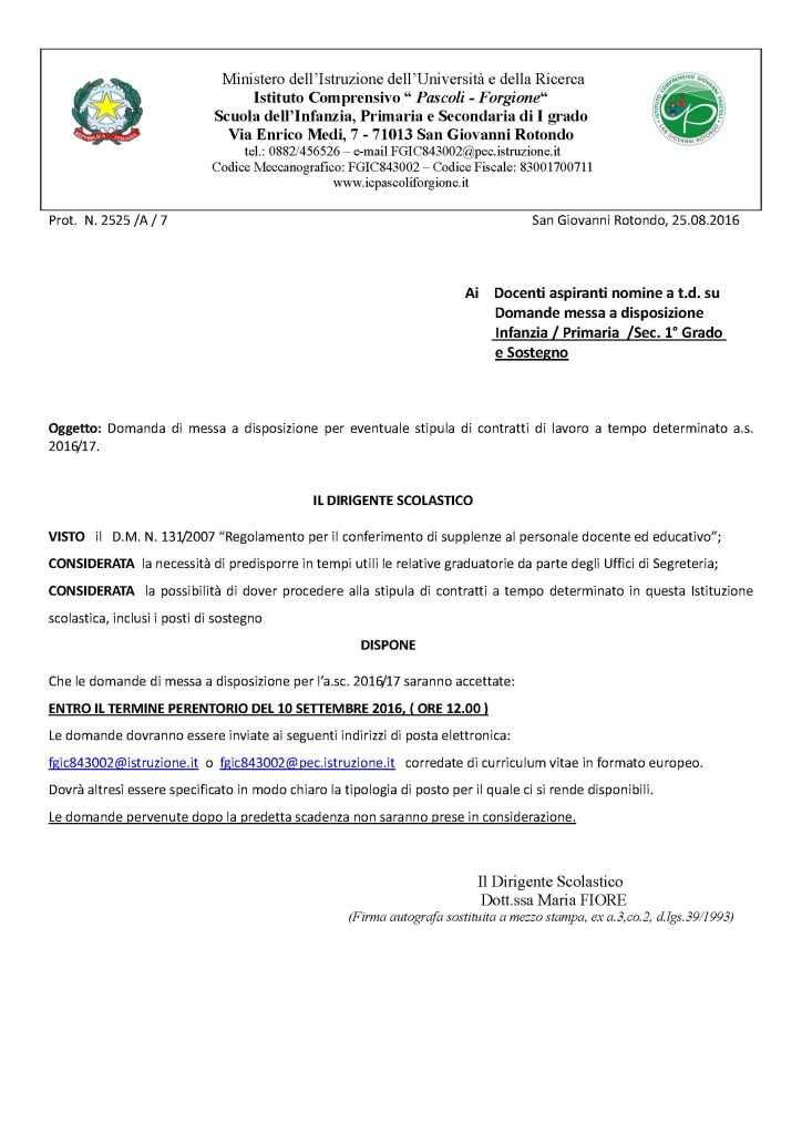 Scadenza domande messa a disposizione 2106-17