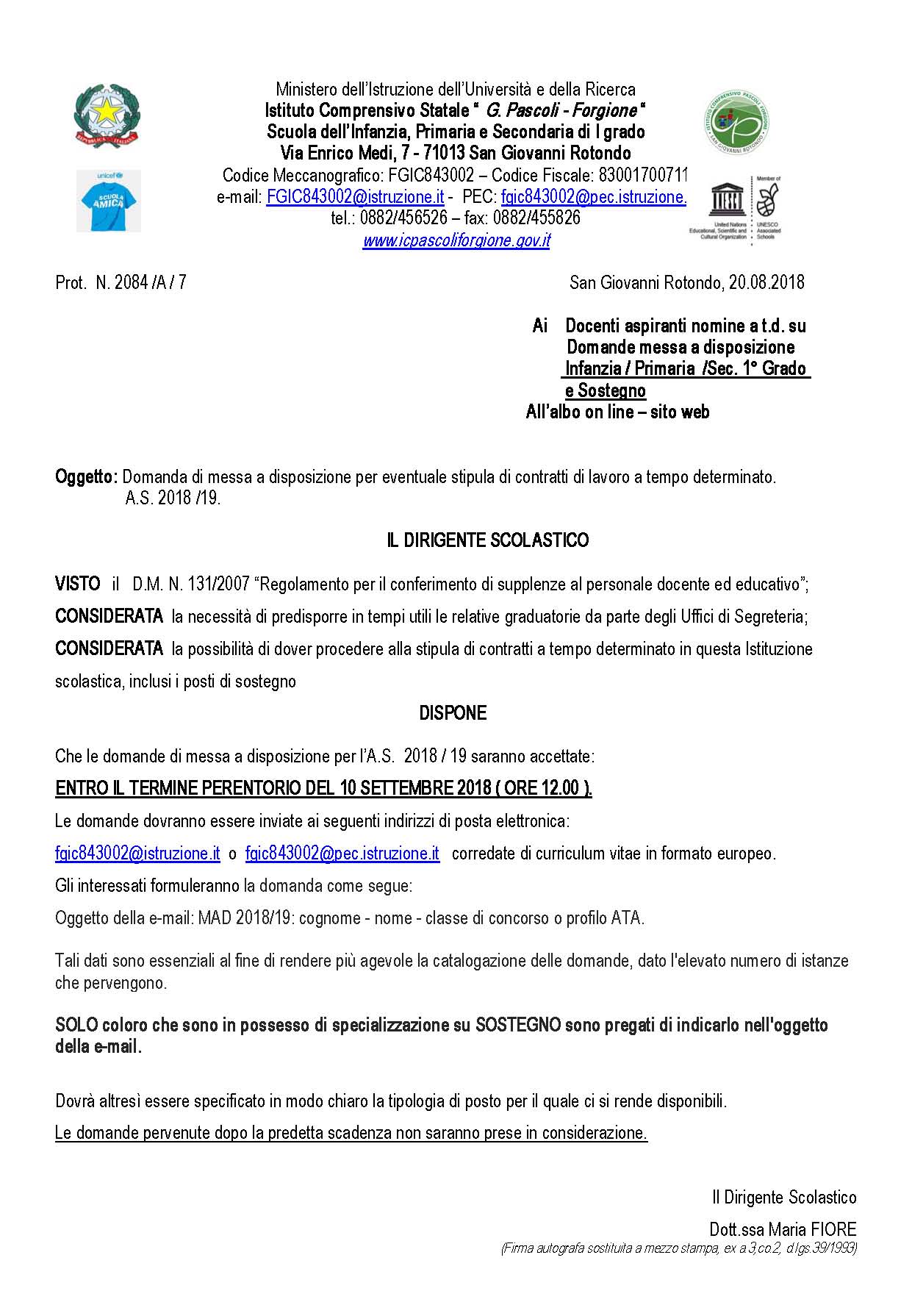 Domanda Di Messa A Disposizione Per Eventuale Stipula Di